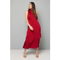 Wallis Women's Satin Asymmetric Pleat Detail Midi Dress in Red | Size: 18