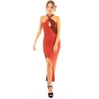 CY Women's Soft Knitted Ribbed Midi Bodycon twist neck Dress In Brown coffee Contrast | Size: S/M