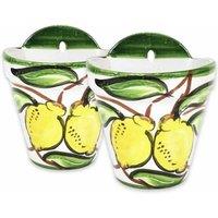 Verano Spanish Ceramics Lemons Hand Painted Set of 2 Outdoor Garden Patio Hanging Plant Pots (D) 22cm