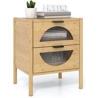 Gymax Mid-century Bedside Table Nightstand End Table 2 Drawers Glass Fronts in Natural