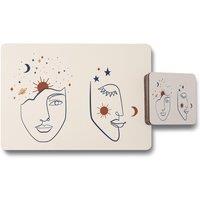 Benjamin Tate Design line art illustration with mystical & celestial elements like stars moon sun & planets placemat coaster set in Natural
