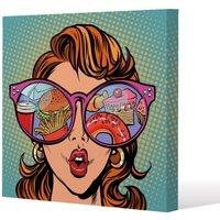 Benjamin Tate Design Woman with sunglasses. Fast food & sweets in the reflection (Canvas Print) / 114 x 114 x 4cm in Natural | Size: 114 x 114 x 4 cm
