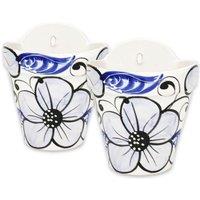 Verano Spanish Ceramics Blue Flowers Hand Painted Set of 2 Outdoor Garden Hanging Plant Pots (D) 22cm