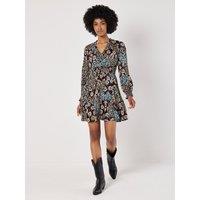 Apricot Women's Patchwork Floral Shimmer Mini Dress in Teal | Size: 10