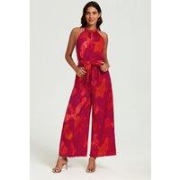 FS Collection Women's Abstract Print Halter Neck Jumpsuit In Red | Size: XL