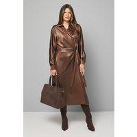 Wallis Women's Textured Satin Wrap Midi Dress in Chocolate | Size: 14