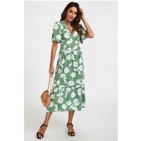 FS Collection Women's White Floral Print Lace Detail Angel Sleeve Midi Dress In Green | Size: XL
