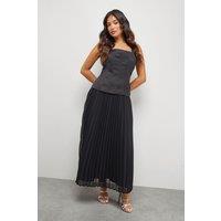 Warehouse Women's Petite Satin Fitted Bodice Chiffon Pleated Skirt Midi Dress in Black | Size: 12