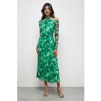 Warehouse Women's Print Twist Mesh Midi Dress in Green | Size: 8