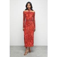 Warehouse Women's Print Twist Mesh Midi Dress in Red | Size: 8