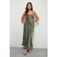 Warehouse Women's Petite Satin Tie Bust Seam Strappy Midi Slip Dress in Dark Olive | Size: 10