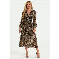FS Collection Women's Leopard Print Foil Lace Trim Long Sleeve Maxi Dress In Brown | Size: XL