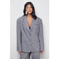 Warehouse Women's Pinstripe Oversized Grandad Blazer Co-ord in Grey | Size: 14