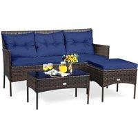 Gymax 3 PCS Patio Conversation Sofa Set With Tempered Glass Coffee Table in Navy