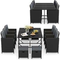Gymax 11 PCS Patio Dining Set With Tempered Glass Table & Ottomans in Grey