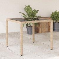 Berkfield Home Garden Table with Glass Top Beige 90x90x75 cm Poly Rattan | Size: 90 x 90 x 75 cm