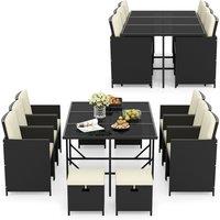 Gymax 11 PCS Wicker Dining Set With Tempered Glass Table Chairs & Ottomans in White