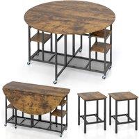 Gymax 3 PCS Folding Dining Table Set Round Kitchen Table Set With Wheels in Light Brown