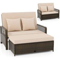 Gymax Patio Rattan Day Bed 2-Piece Wicker Loveseat Sofa With Storage Ottoman in Light Brown