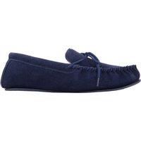 SNUGRUGS Men's George, Suede Moccasin Slippers with Checked Cotton Inner & Rubber Sole in Navy | Size: 12