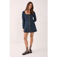 NastyGal Women's Button Through Long Sleeve Denim Corset Mini Dress in Indigo | Size: 8
