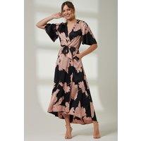 Jolie Moi Women's Willow Satin Wrap Tie Waist Dress in Black | Size: 8