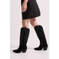 Faith Women's : Remi Faux Suede Knee High Western Cowboy Boots in Natural Black | Size: 4