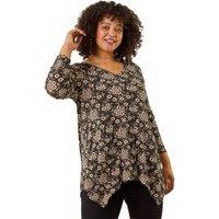 Roman Women's Curve Floral V-Neck Stretch Top in Black | Size: 22-24