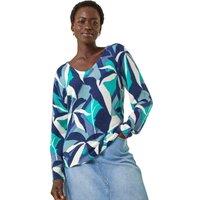 Roman Women's Abstract V-Neck Knit Jumper in Blue | Size: 10