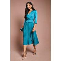 Coast Women's Satin Bodice Sleeve Pleat Skirt Belted Midi Wedding Guest Dress in Teal | Size: 10