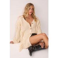 NastyGal Women's Fringe Cable Mix Longline Knitted Cardigan in Cream | Size: Medium