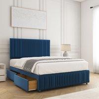 BSSPOKE Rosie Plush Divan Bed Set 24Headboard & 2Drawers Same Side & Mattress in Blue | Size: Small Double