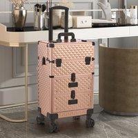 Large Capacity 3-in-1 Rolling Cosmetic Trolley Case System in Rose Gold