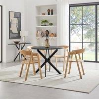 FurnitureboxUK Novara 100cm Black Top Round Dining Table & 4 Oak Masa Chairs