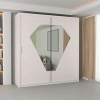 MN Furniture Wardrobe with Unique Mirror Design-LED Light 150x217cm in White | Size: 150x217 cm