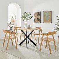 FurnitureboxUK Novara 100cm Oak Veneer Top Round Dining Table & 4 Oak Masa Chairs in Brown