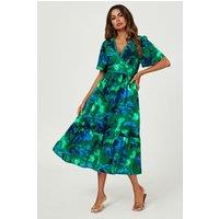 FS Collection Women's Abstract Floral Print Lace Detail Angel Sleeve Maxi Dress in Green | Size: Medium