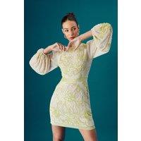 Coast Women's Muse Chiffon Embellished Mini Dress With Blouson Sleeves in Natural | Size: 14