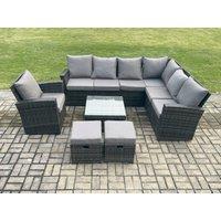 Fimous 9 Seater Wicker PE Outdoor Garden Furniture Set High Back Rattan Corner Sofa Chair Set with 2 Small Footstools Square Coffee Table in Dark Grey