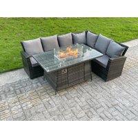 High Back Outdoor Rattan Corner Sofa Set Gas Fire Pit Dining Table Gas Heater 6 Seater