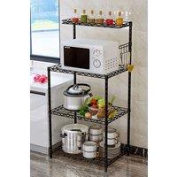 Living and Home 4-Tier Microwave Storage Rack Shelf Organiser with Hooks for Kitchen in Black