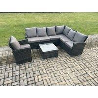Fimous Wicker PE Outdoor Garden Furniture Set High Back Rattan Corner Sofa Set with Armchair Square Coffee Table in Dark Grey