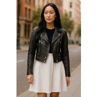 Infinity Leather Women's Cropped Brando Leather Biker Jacket-Durban in Black | Size: 12