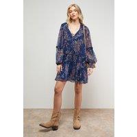 Oasis Women's Printed Chiffon Shirred Front Tie Neck Mini Dress in Navy | Size: 12