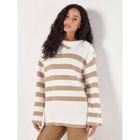 Apricot Women's Button Detail Stripe Jumper in Stone | Size: 12