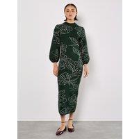 Apricot Women's Floral Knitted Midi Dress in Green | Size: 14