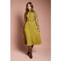 Coast Women's Long Sleeve Lace & Pleated Midi Shirt Dress in Olive | Size: 8