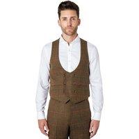 XPOSED Men's Jarvis Tweed Check Low U Cut Waistcoat in Brown | Size: 46