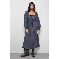 Warehouse Women's Check Tie Front Square Midi Dress in Khaki | Size: 10