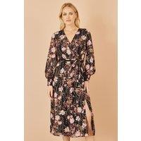 Yumi Women's Black Foiled Floral Print Wrap Midi Dress | Size: 8